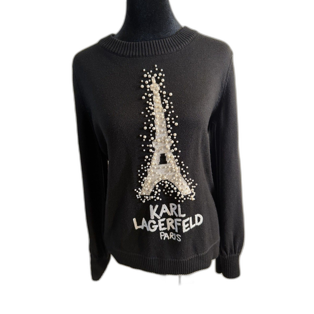 Karl Lagerfeld Paris Black Pearl Eiffel Tower Knit Sweater — Long Sleeve
